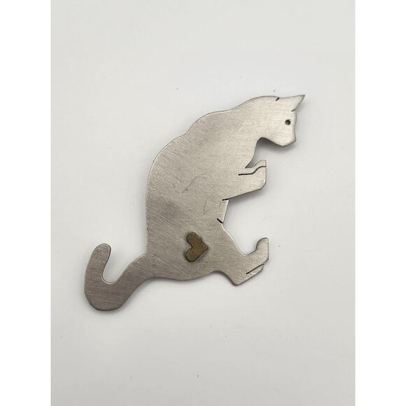 Brass Cat Brooch - Etsy Vintage Mixed Metal Sitting Cat Brooch Pin Silver Tone Brass Heart Inset Lapel
